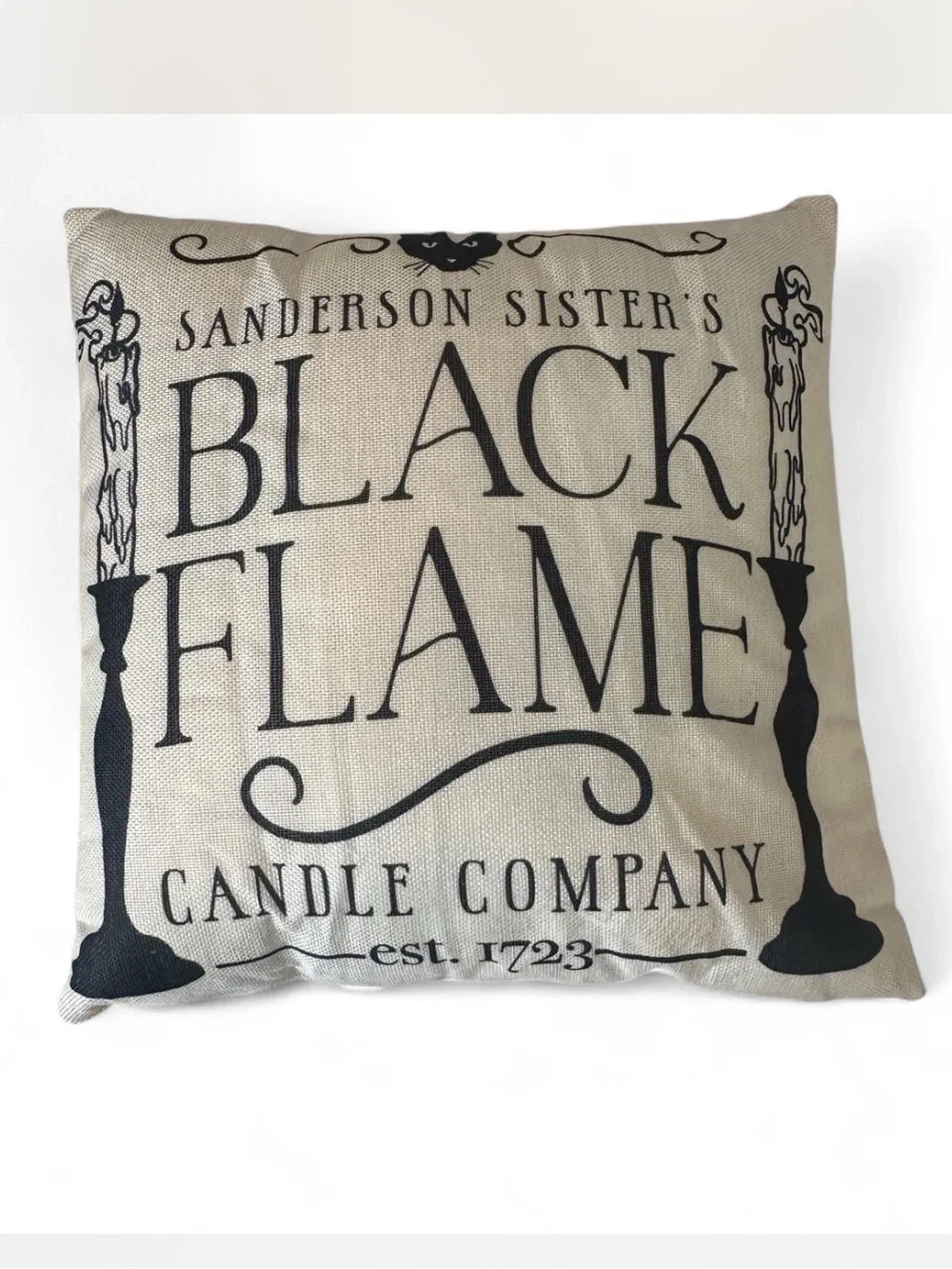 💜 NWOT Hocus Pocus Sanderson Sister Black Flame Candle Linen Pillow w/ Cover